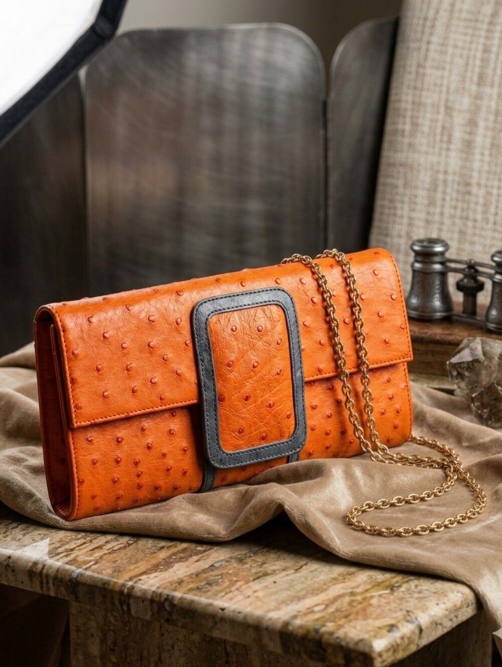 Orange & Gray Ostrich Leather Clutch Gold Chain Strap Sleek Design